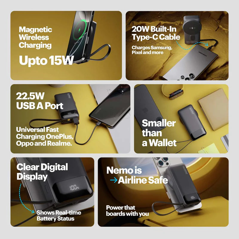 Nemo 10000mAh compact magnetic wireless powerbank with 20W built-in Type-C cable