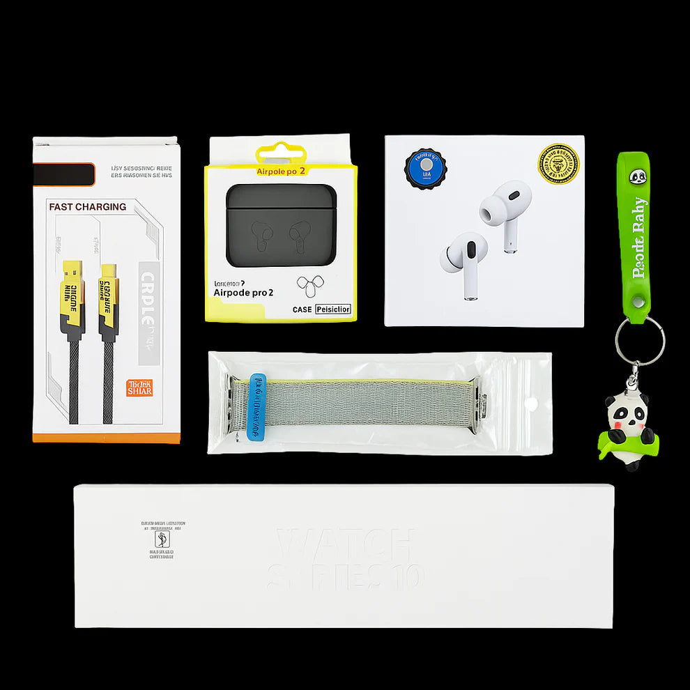 6-in-1 Premium Gadget Combo – Series 10 Watch, Air Pro 2, Premium Extra Strap, 4 in 1 Fast Charging Cable, Silicon Cover & Styles Keychain