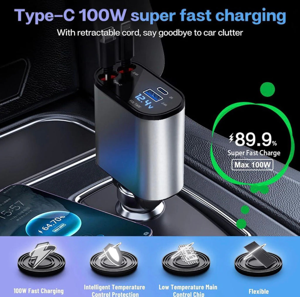 120W 4 in 1 Retractable Car Charger,Car Phone Charger, Retractable Cables & 2 USB Ports Car Adapter for Android Phones & iPhone
