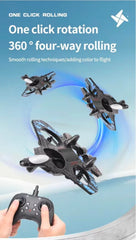 RC Fighter Drone with 360° Stunts, One-Key Takeoff, LED Lights, Hover Mode