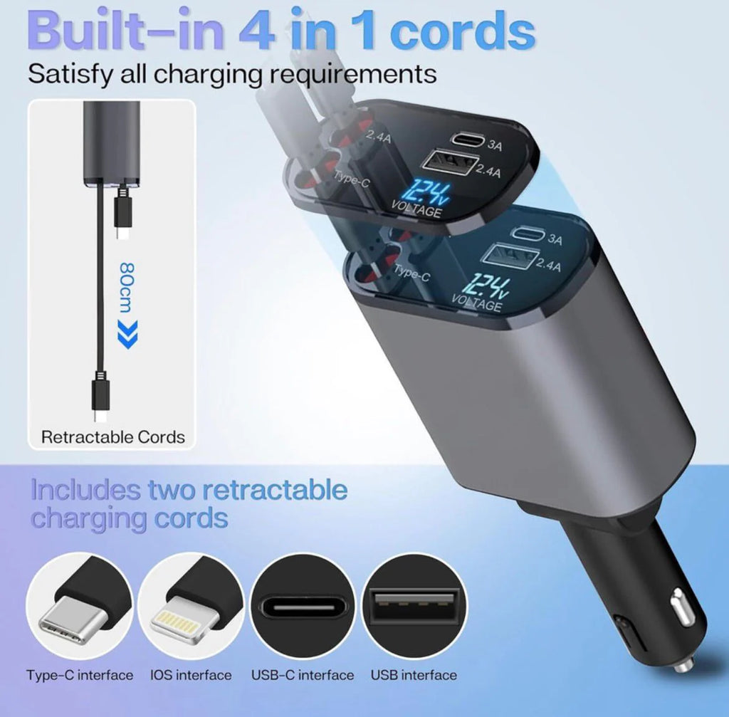 120W 4 in 1 Retractable Car Charger,Car Phone Charger, Retractable Cables & 2 USB Ports Car Adapter for Android Phones & iPhone