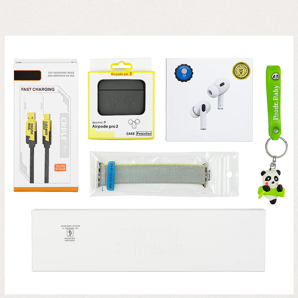 6-in-1 Premium Gadget Combo – Series 10 Watch, Air Pro 2, Premium Extra Strap, 4 in 1 Fast Charging Cable, Silicon Cover & Styles Keychain