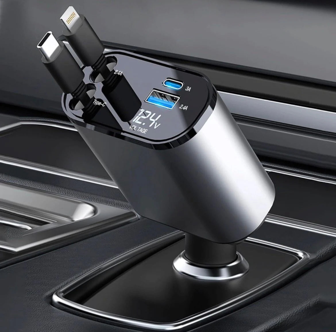 120W 4 in 1 Retractable Car Charger,Car Phone Charger, Retractable Cables & 2 USB Ports Car Adapter for Android Phones & iPhone