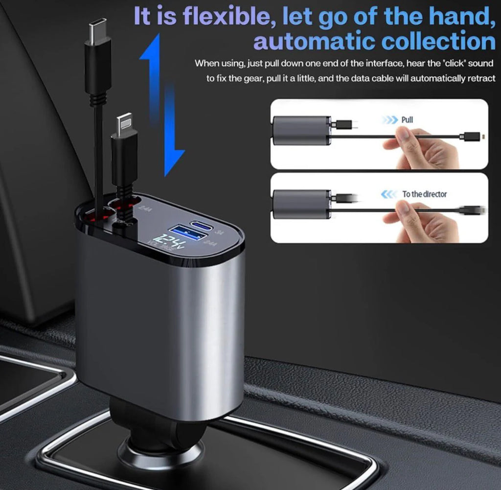120W 4 in 1 Retractable Car Charger,Car Phone Charger, Retractable Cables & 2 USB Ports Car Adapter for Android Phones & iPhone